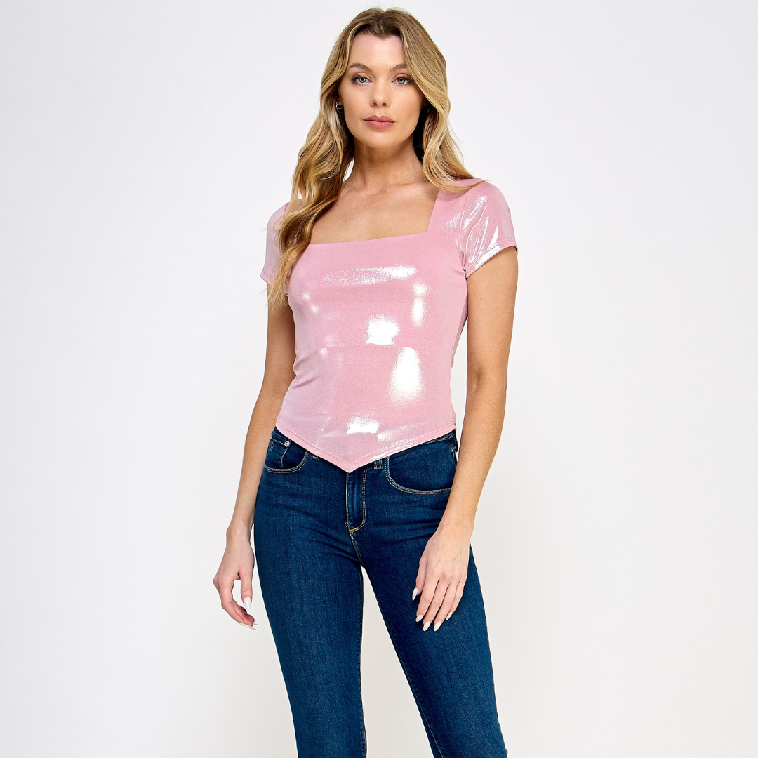 Square Neck Metallic Pink Top