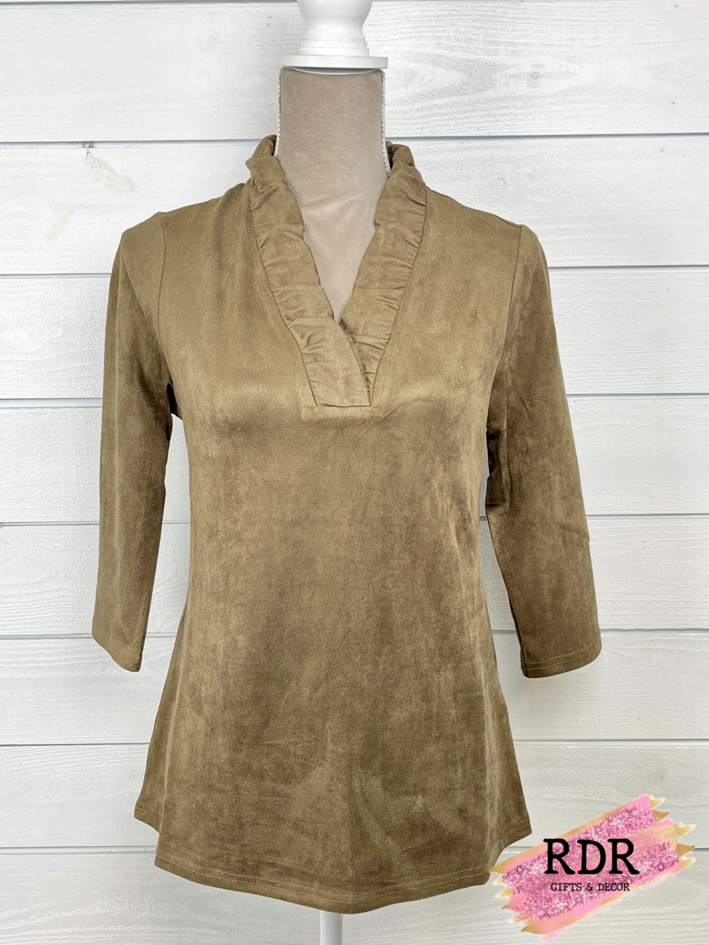 Olive Suede Ruffle Neck Top With 3/4 Sleeves