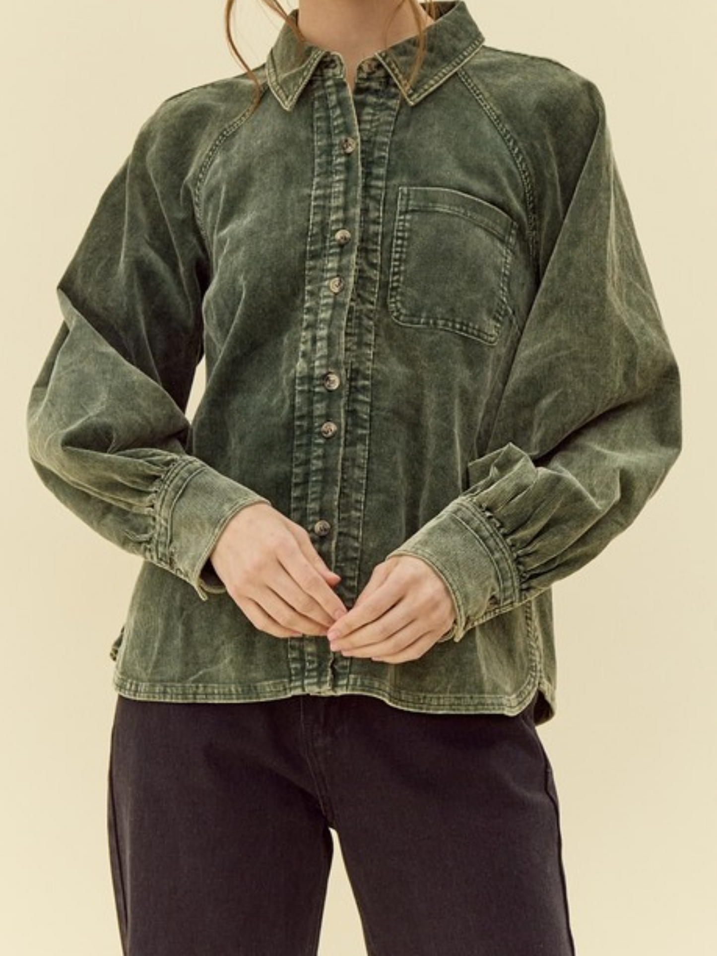 Lightweight Corduroy Button Up Top With Bubble Sleeves