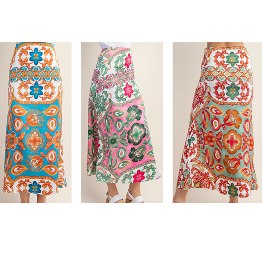 Colorful Printed Satin Long Skirt