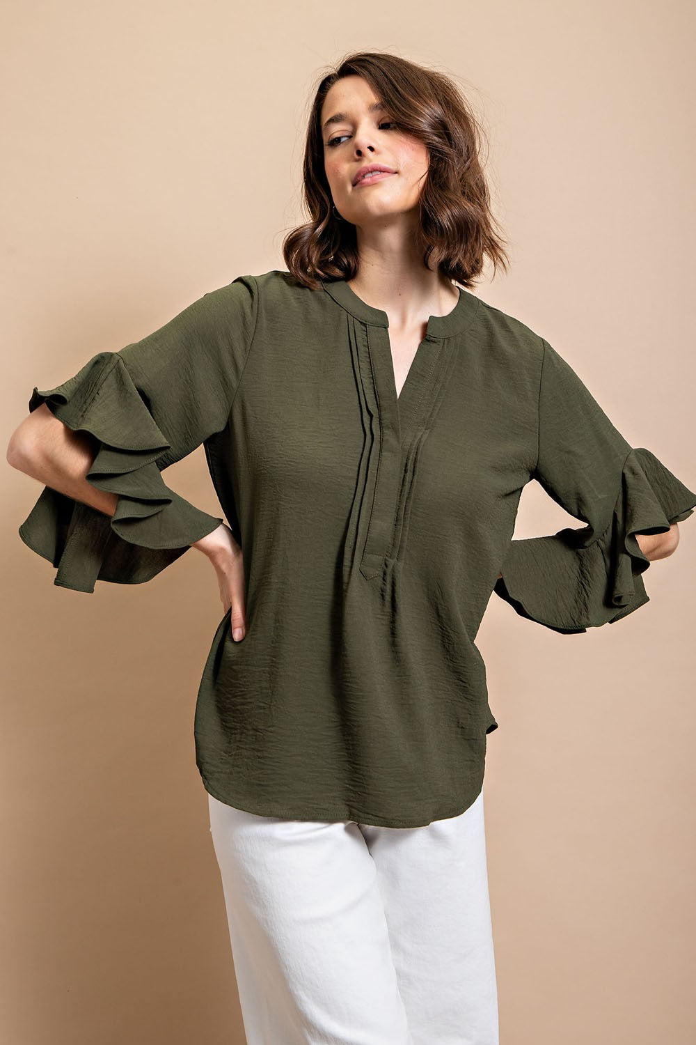 Ruffled Bell Sleeve and Front Pleated Detail Top