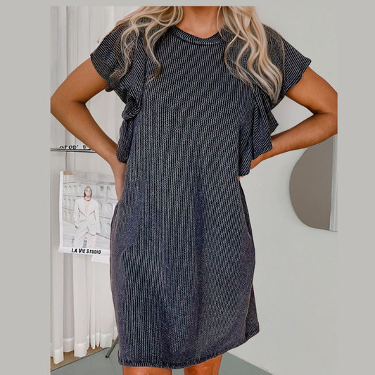 Black Ribbed Flutter Sleeve Dress