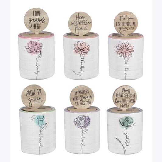 Ceramic Planter With Wood Disc