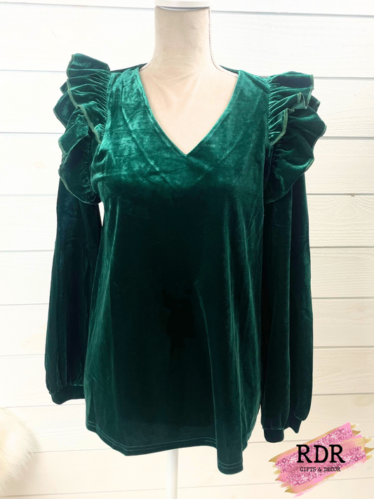 Hunter Green Velvet Top With V Neck & Ruffle Sleeves