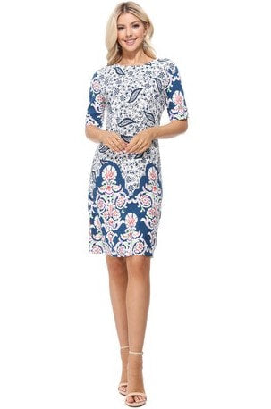 Blue & White Celeste Elbow Sleeve Dress