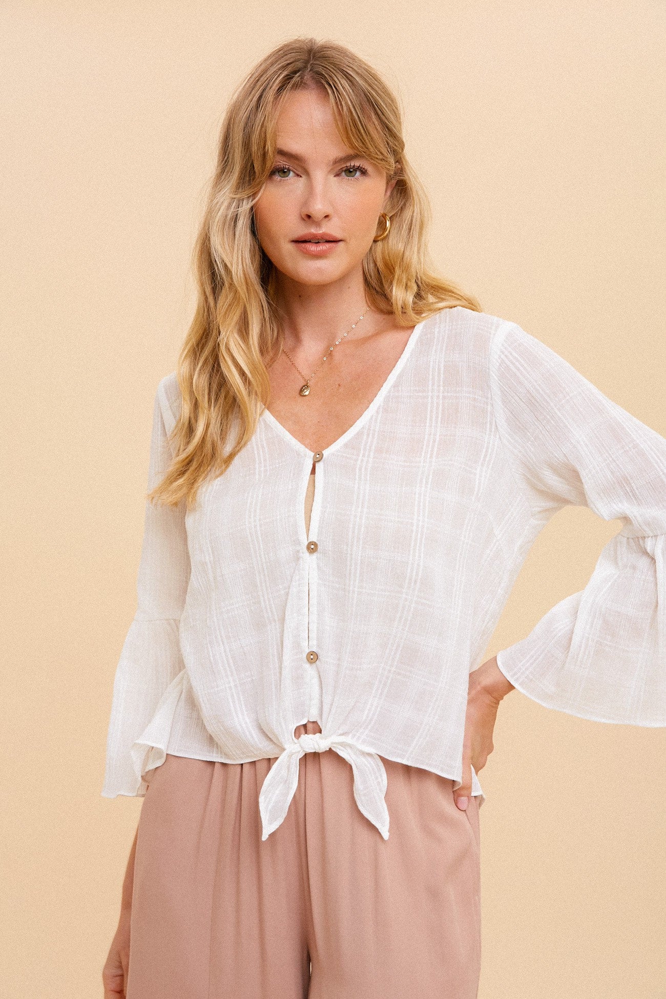 Ivory Front Tie Button Down Bell Sleeve Crop Blouse