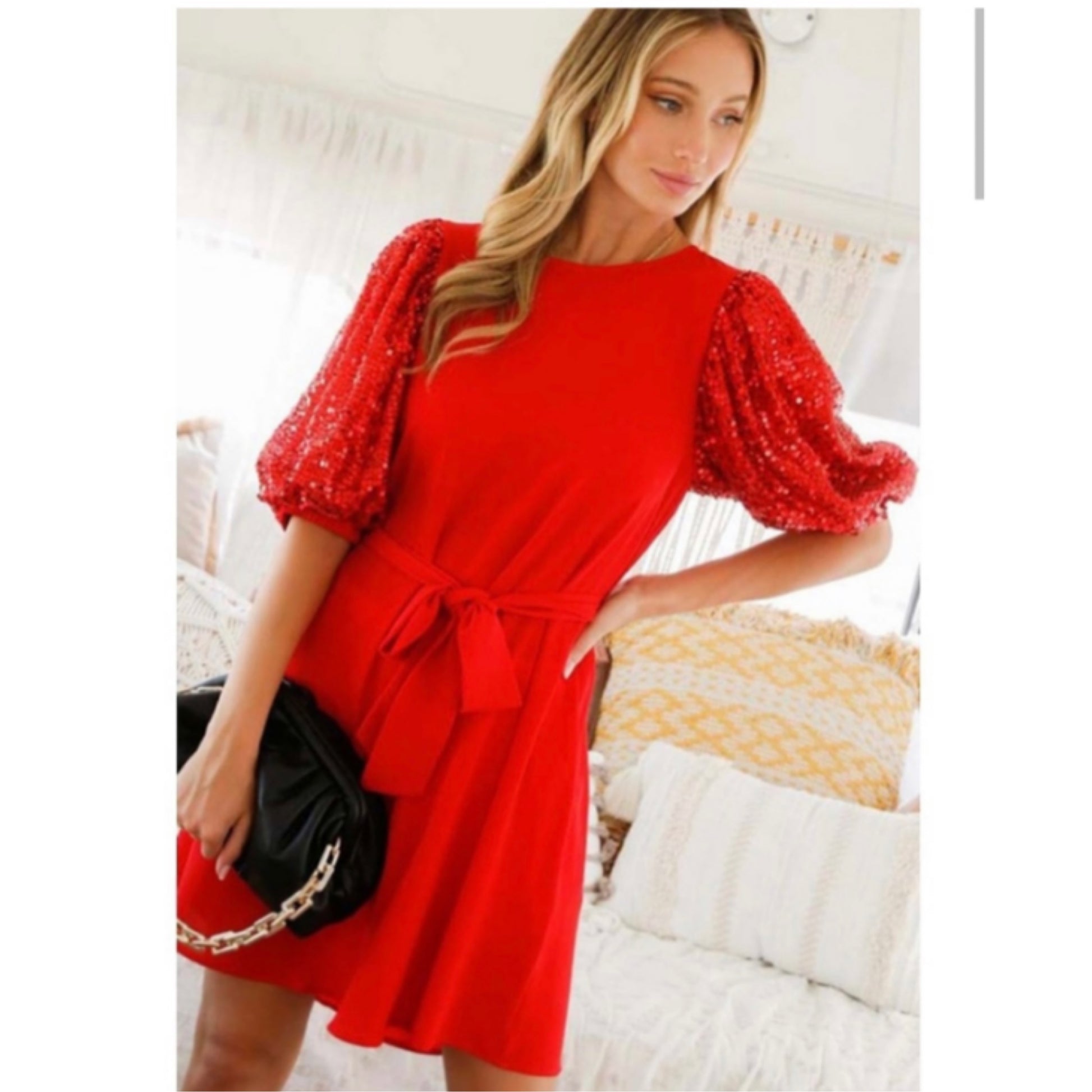 Vine & Love Puff Sequin Sleeve Red Dress