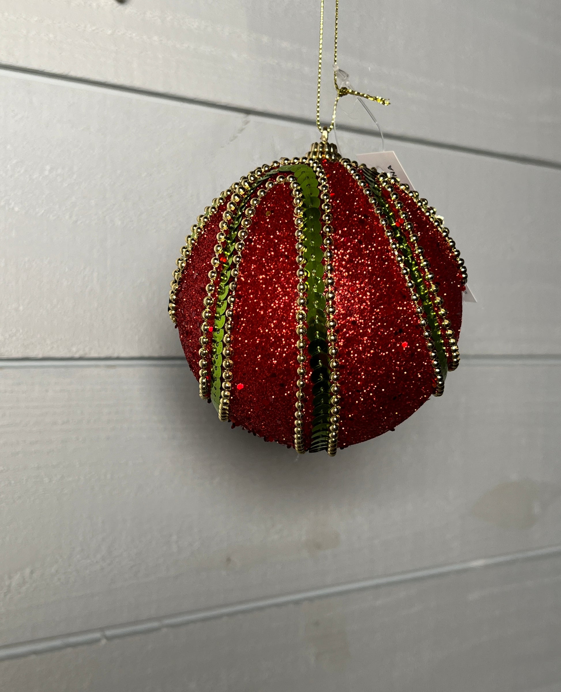 Red Glitter and Green Sequin Ball Ornament