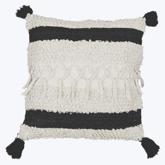 Cotton Hand Woven Pillow with Texture & Tassels