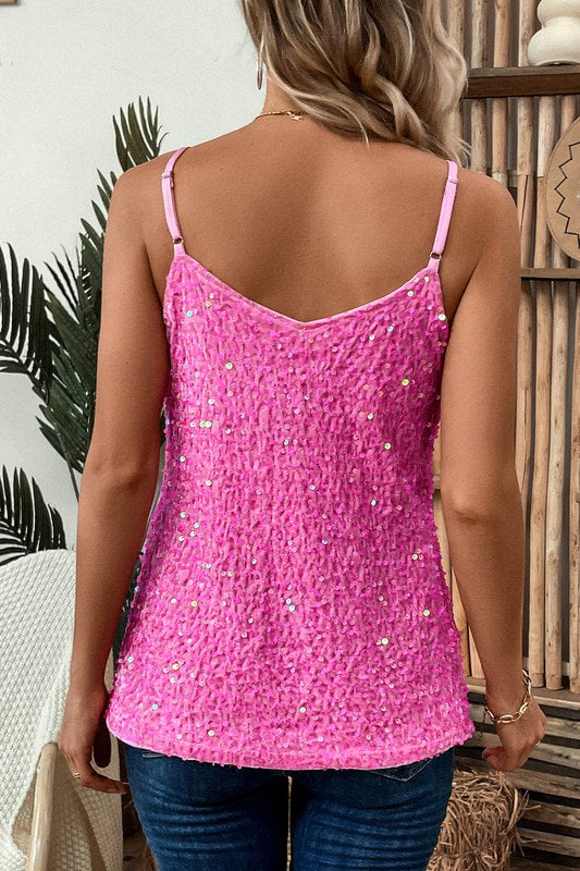 Concert Pink Sequin Adjustable Straps Tank Top