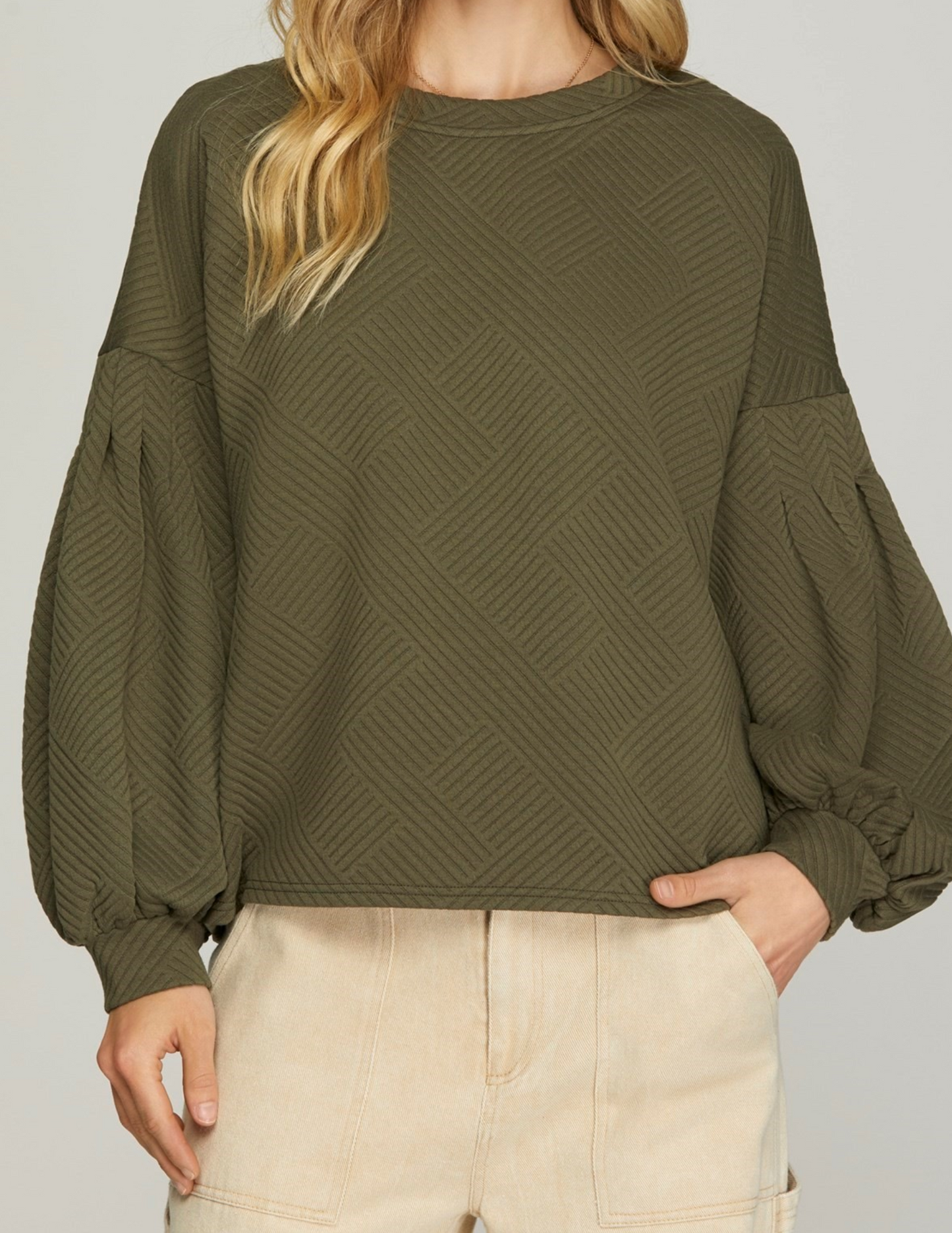 Olive Textured Top With Bubble Sleeves