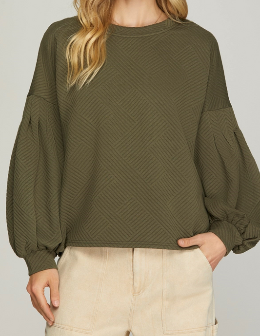 Olive Textured Top With Bubble Sleeves