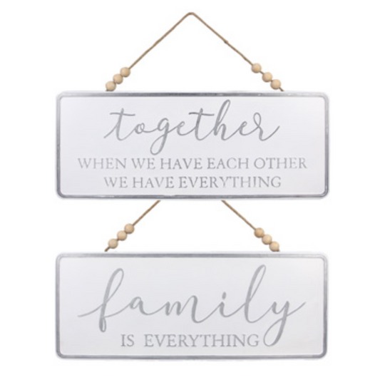 Embossed White Washed Metal Sign Beaded Hanger