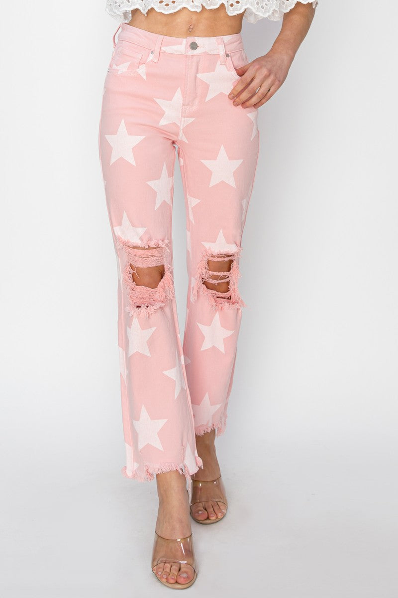 Risen High Rise Star Print Cropped Step Hem Pants