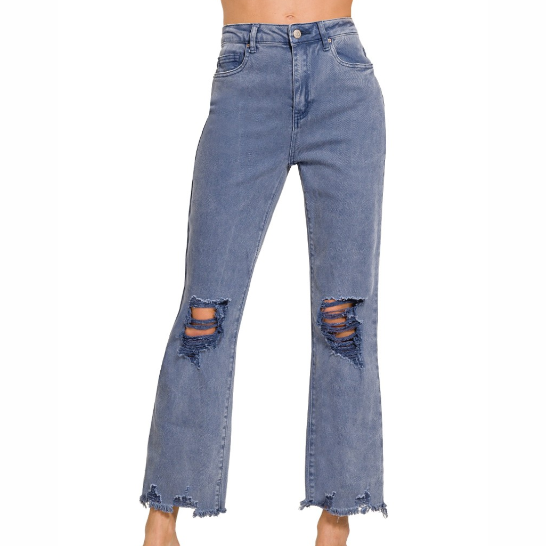 Acid Washed High Waist Distressed Straight Leg Cropped Pants