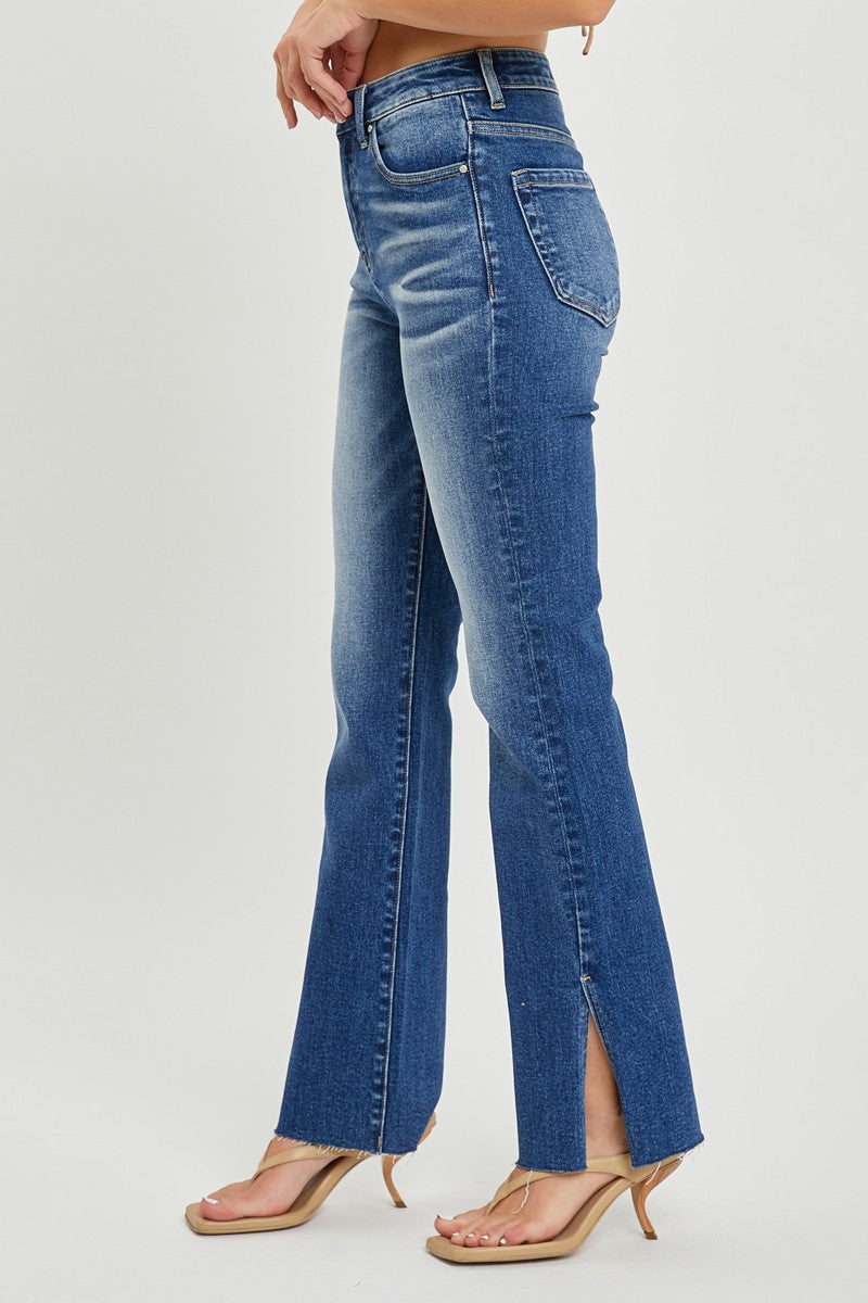 Risen High Rise Raw Hem Straight Slit Leg Jeans