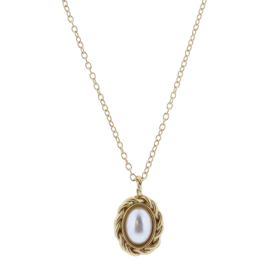 Gold Twist Framed Pearl Oval Necklace