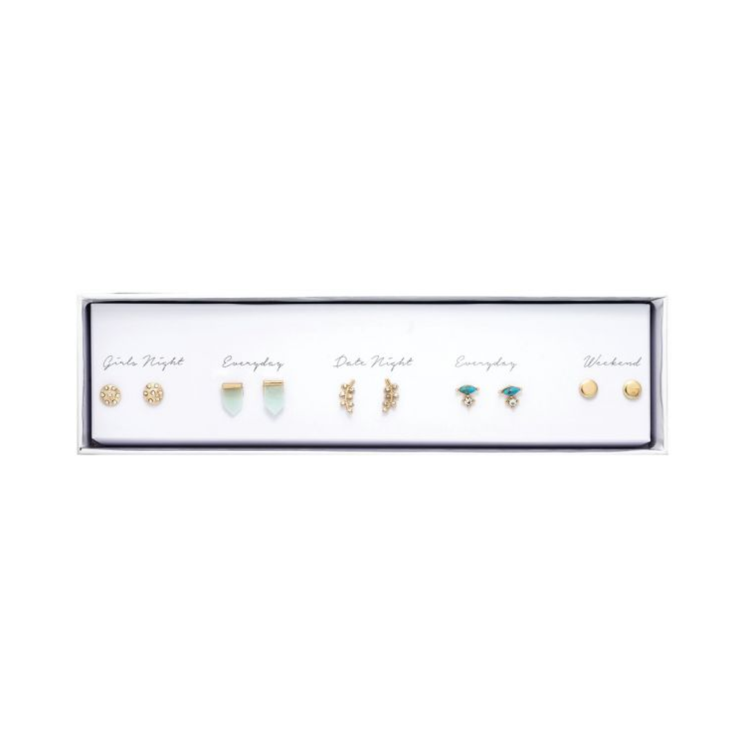 Gold Disc, Stone, Leaf, Stone, Disc Five Post Earring Set #6