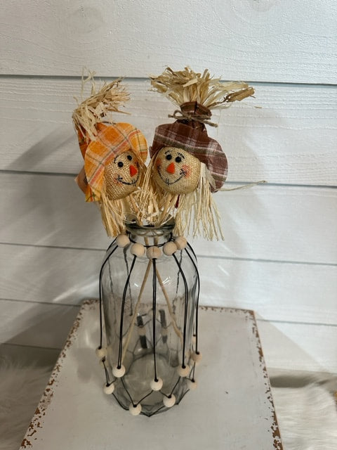 Scarecrow Head With Plaid Hat Floral Pick