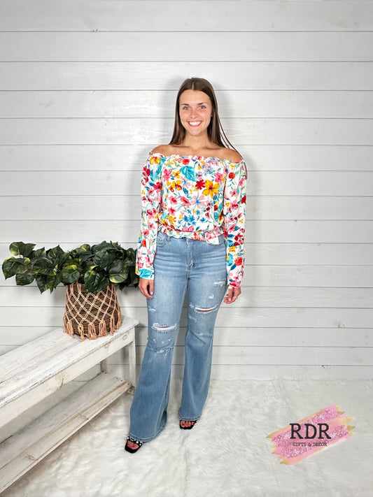 Ivory Multi Floral Print Off Shoulder Bell Sleeve Top