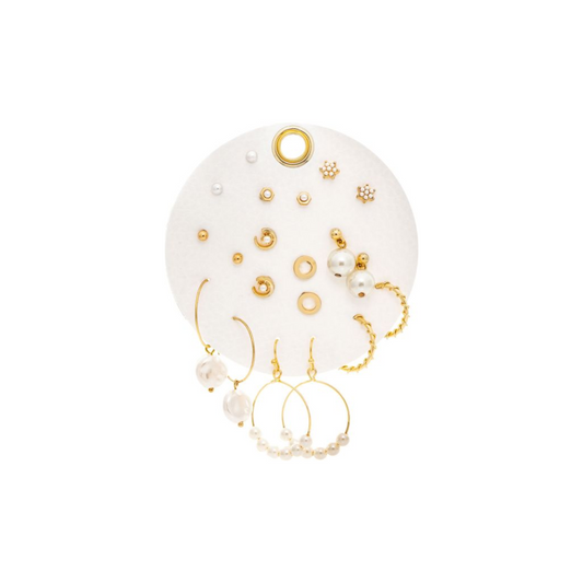 Gold Ten Piece Moons Pearls Hoops and Post Earring Set