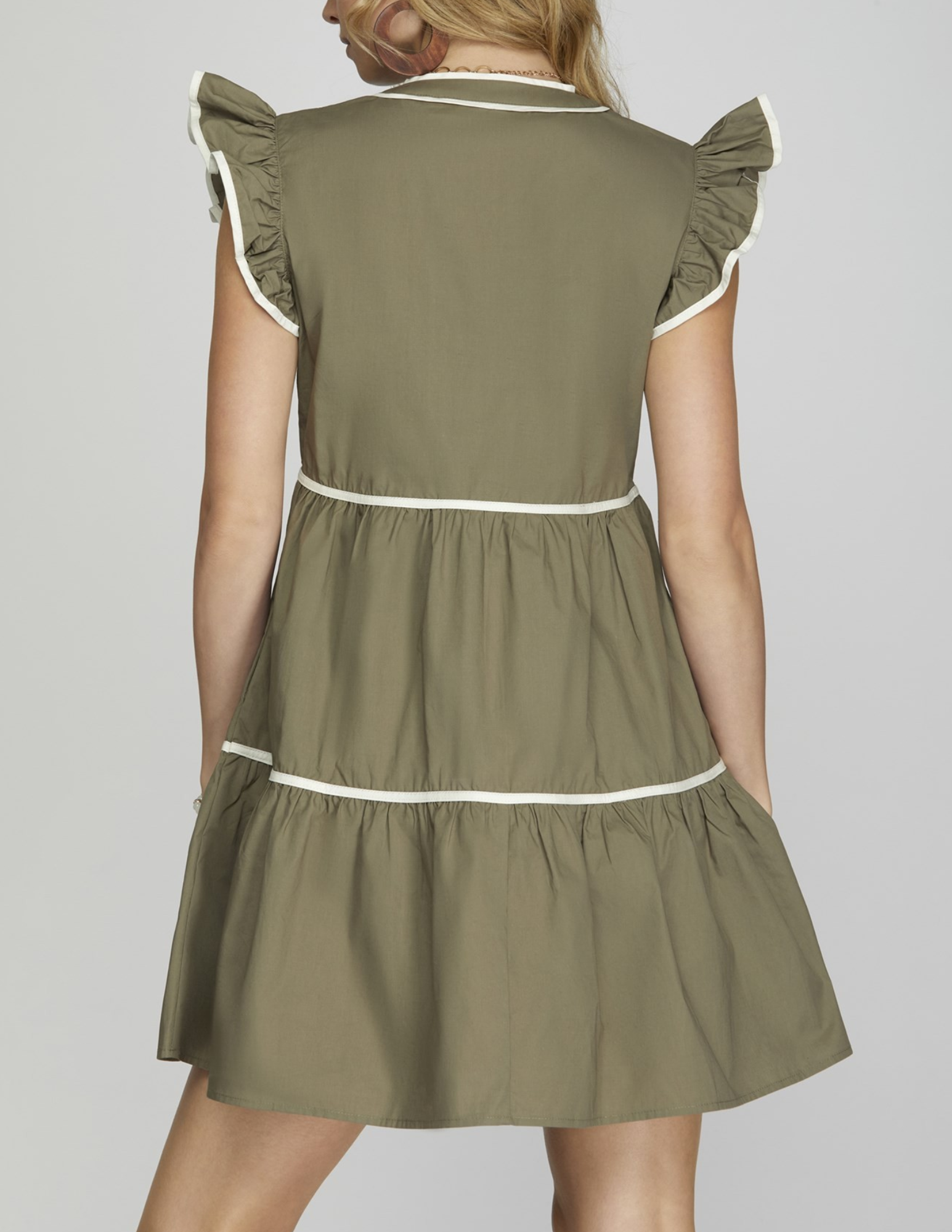 Olive Ruffle Sleeve Dress  With Contrast Lining