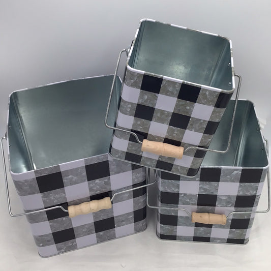 Black & White Checkered Metal Tin With Handle