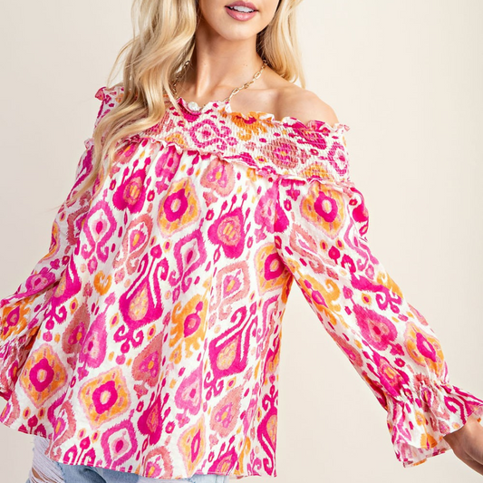 Printed Smocked Off Shoulder Blouse With Ruffle Detail