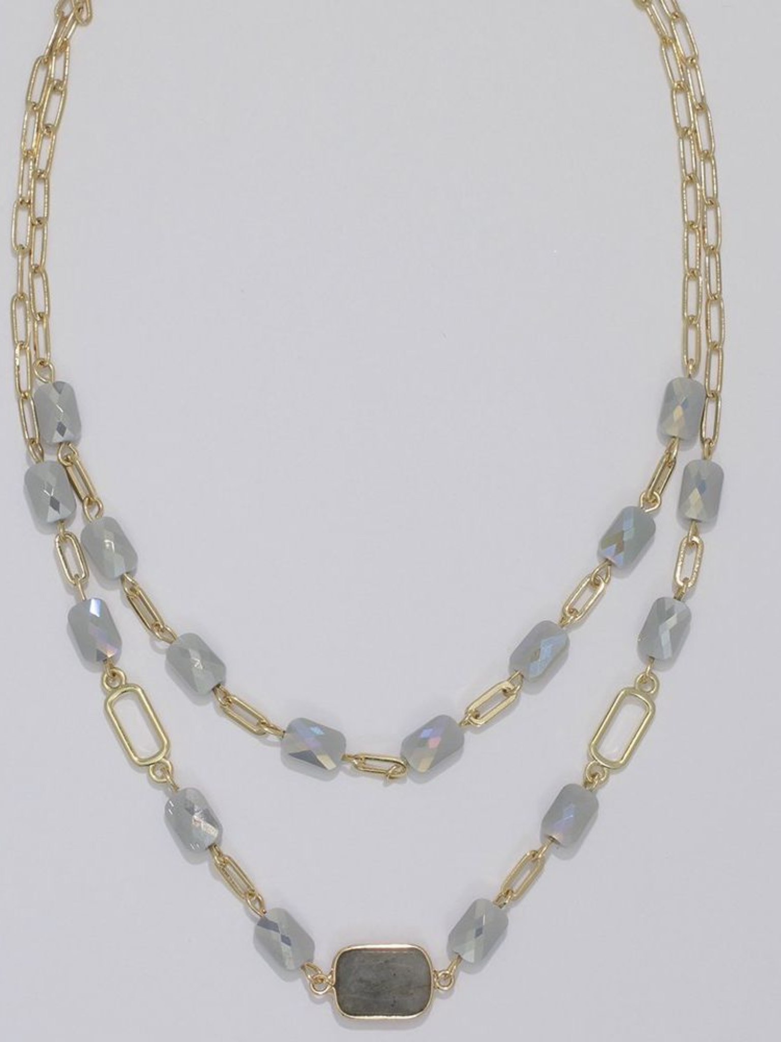 Gold Double Chain Necklace With Light Grey Glass Beads