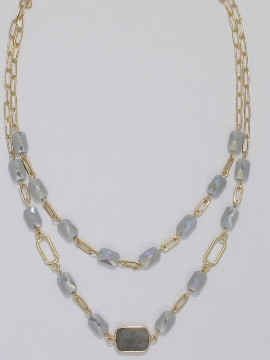 Gold Double Chain Necklace With Light Grey Glass Beads