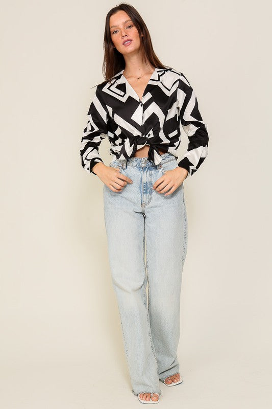 Satin Black And White Retro Print Blouse