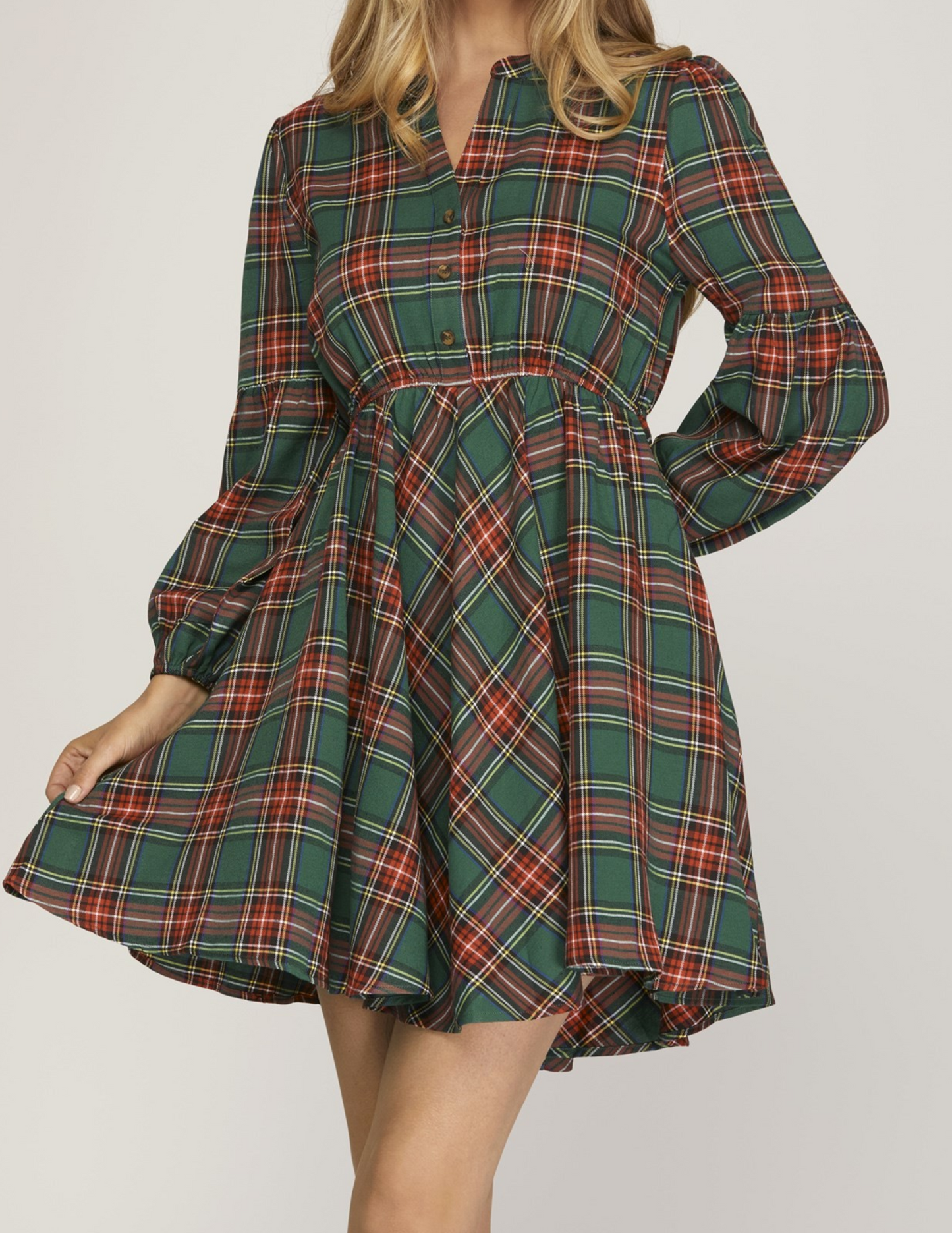 Green Plaid Long Sleeve Dress With Pockets