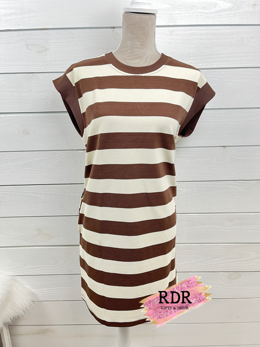 Brown & White Striped Sleeveless Dress