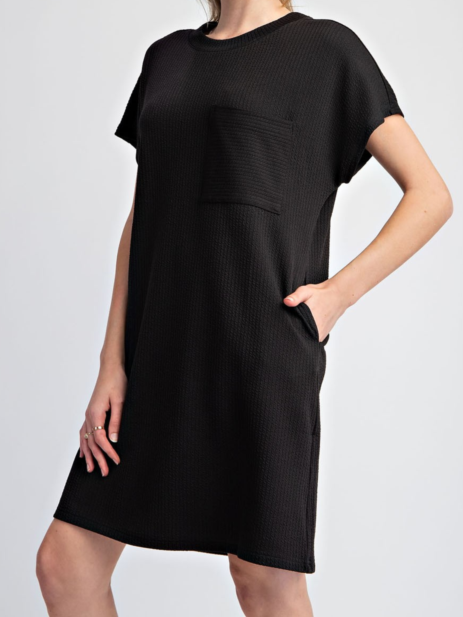 Short Sleeve Textured Mini Dress With Pockets