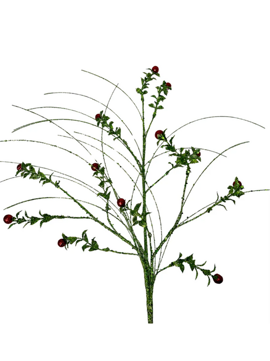 Green Glittered Boxwood Berry Grass Spray