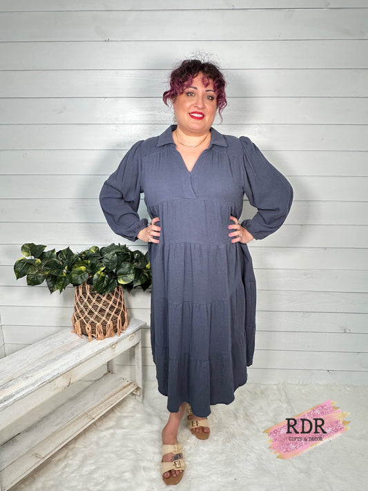 Blue Ash Gauze Long Sleeve Collared Maxi Dress