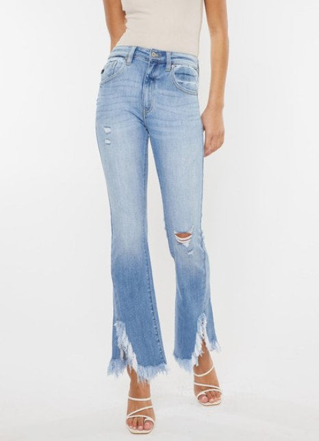 Kancan Light High Rise Leg Distress Frayed Hem Bootcut Jeans