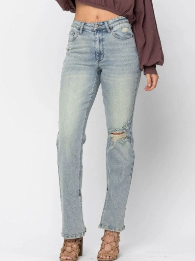 Judy Blue Light High Waist Straight Medium Destroy Slit Jeans