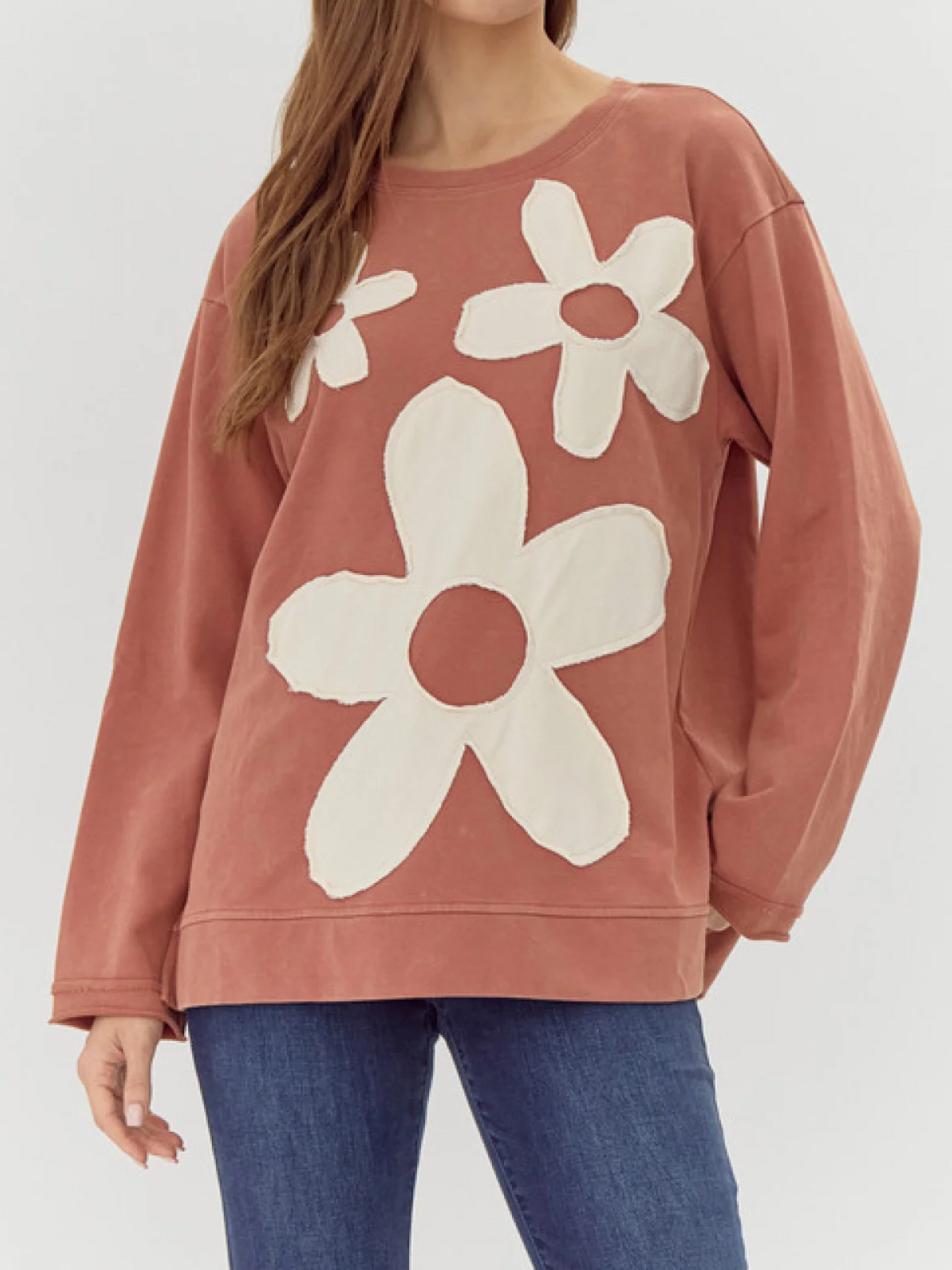 Brick Long Sleeve Top With Cream Applique Flowers