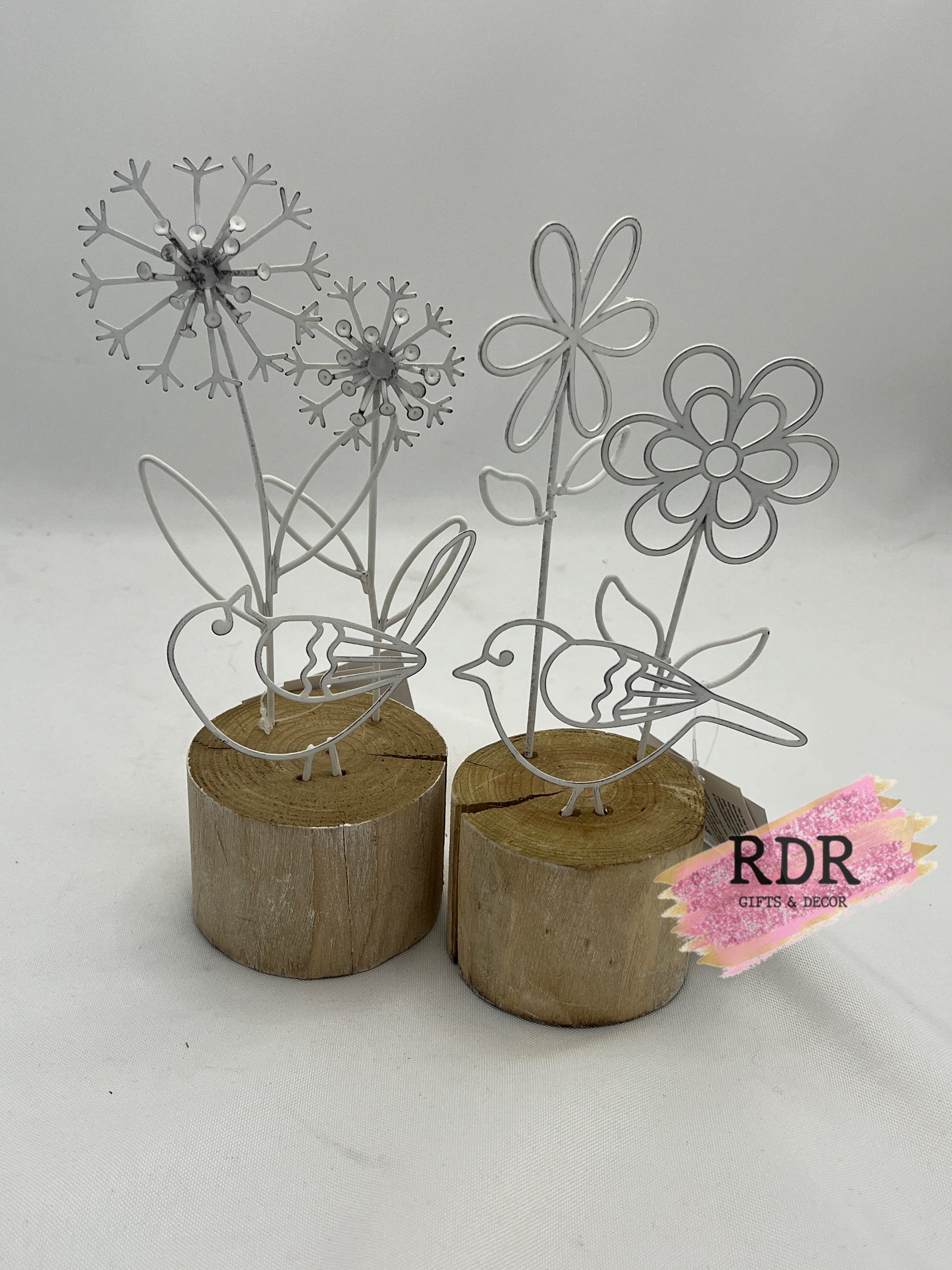 Metal Bird and Flower on Stump