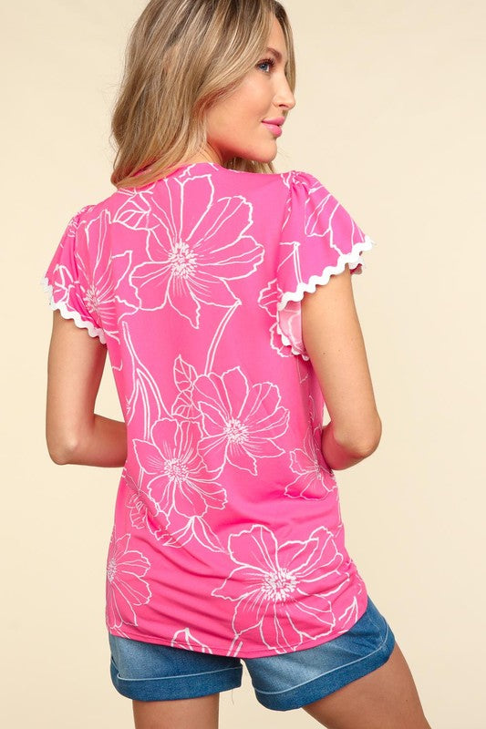 Large Floral Print Flutter Sleeve Top With Ric Rac Trim