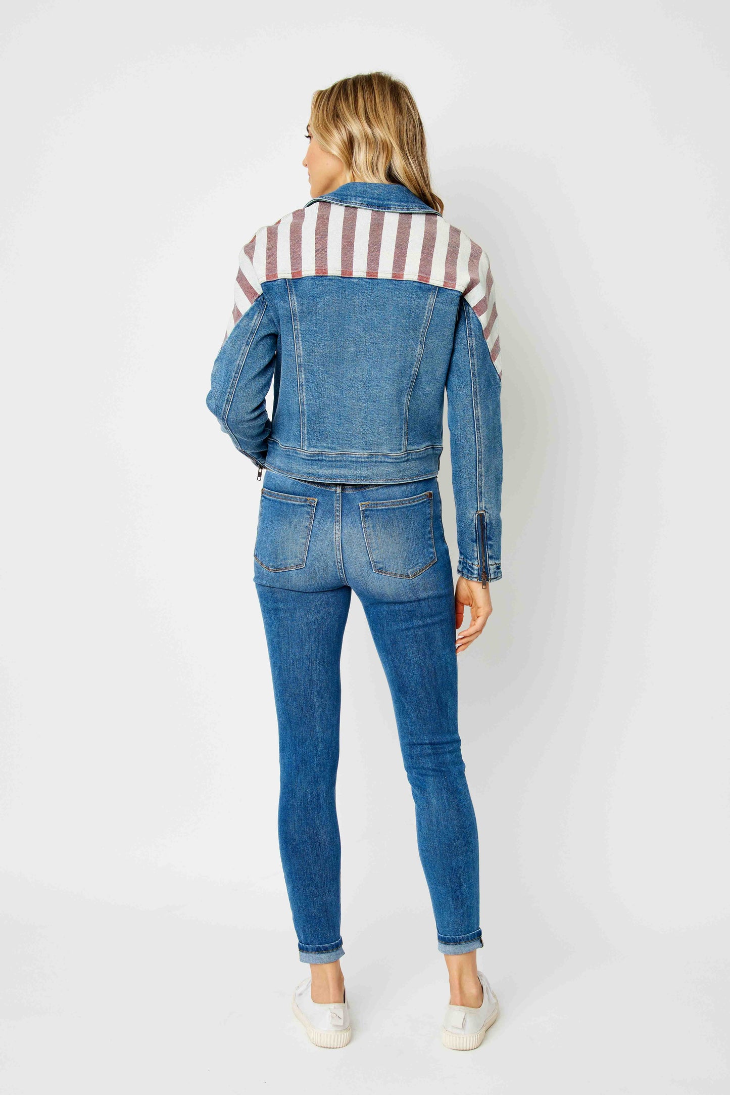 Judy Blue Denim Americana Print Moto Jacket