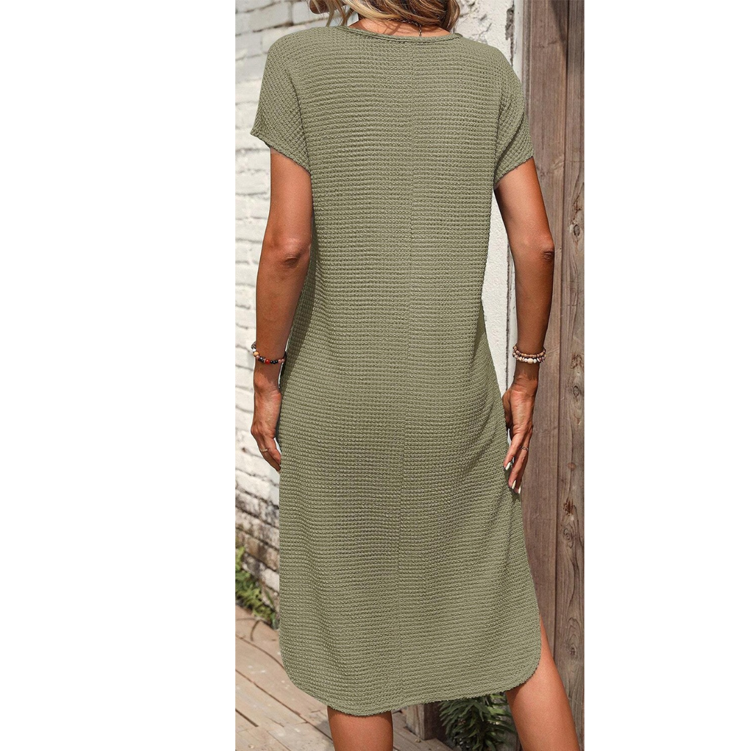 Green Waffle Texture Curved Hem Side Slit Dress