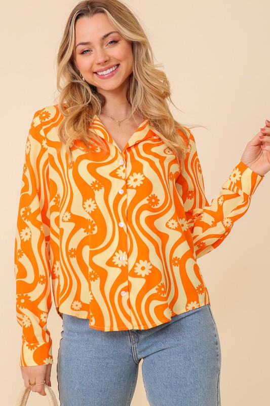 Wave And Floral Retro Print Long Sleeve Blouse