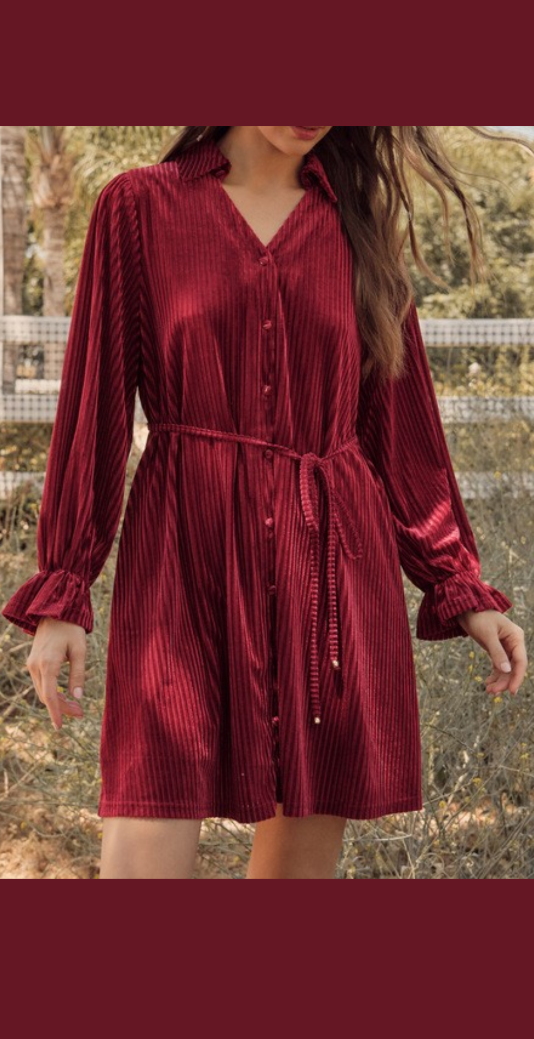 Striped Textured Velvet Dress with Belt