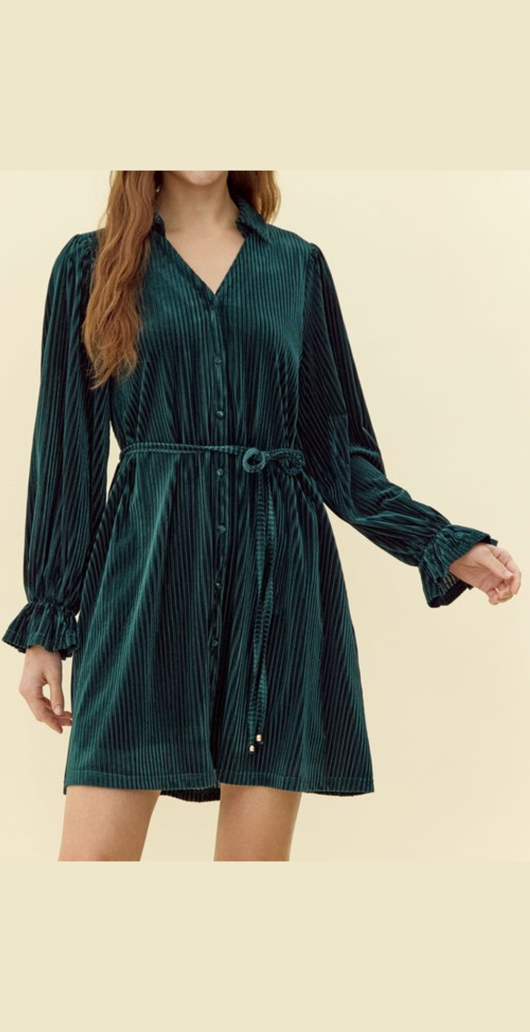 Striped Textured Velvet Dress with Belt