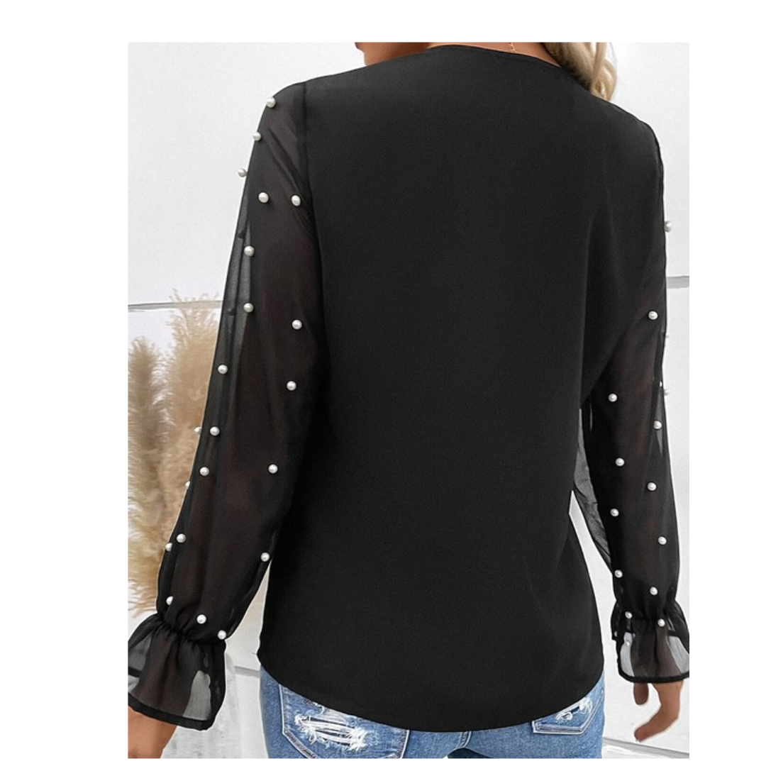 Black V Neck Blouse With Pearl Mesh Flounce Sleeves