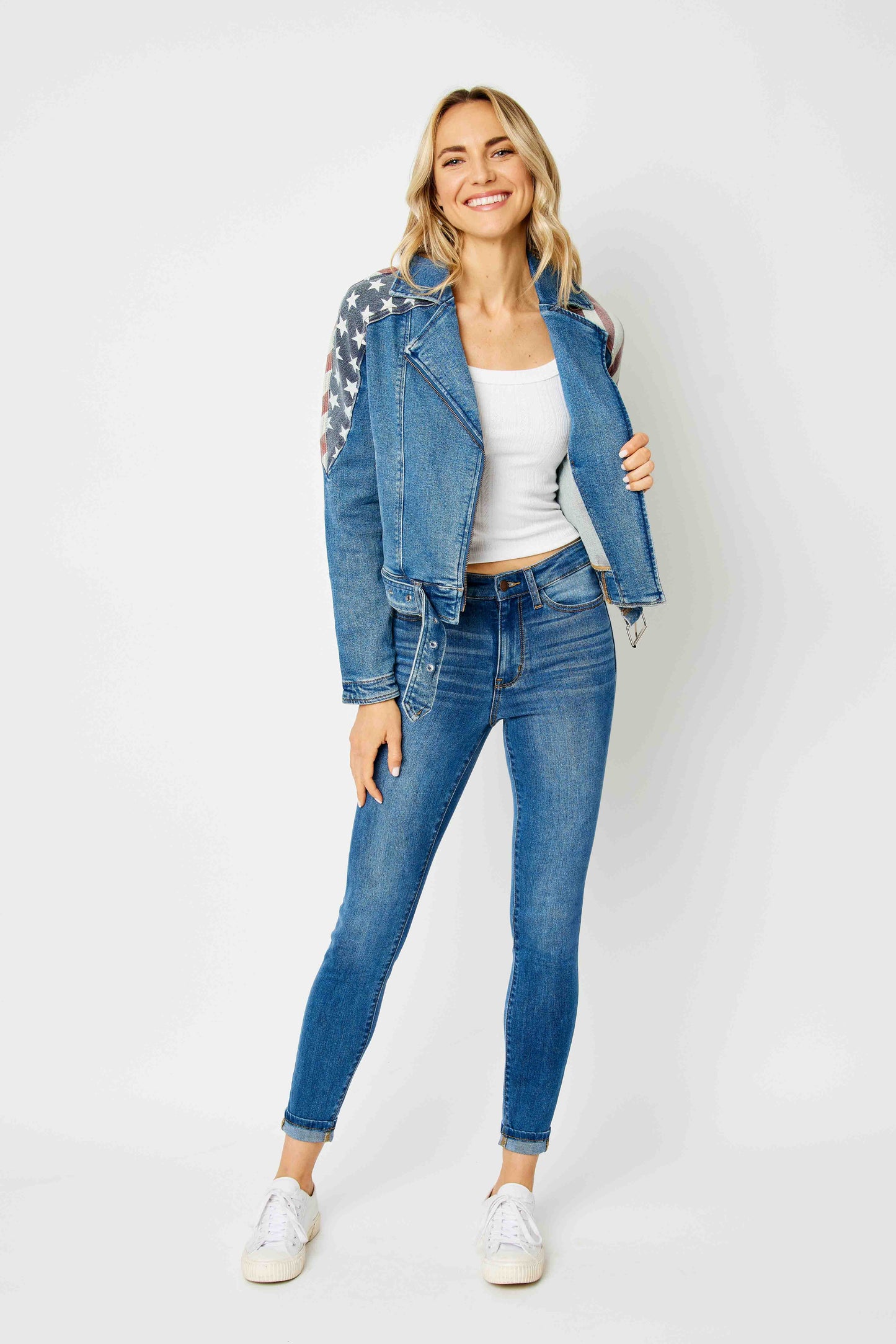 Judy Blue Denim Americana Print Moto Jacket
