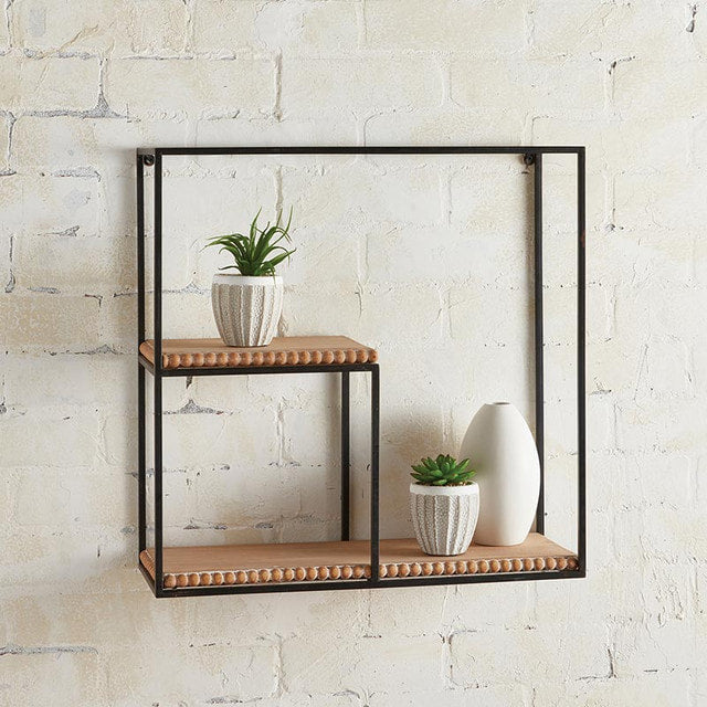 Square Metal Framed Wood Shelf With Bead Inlay