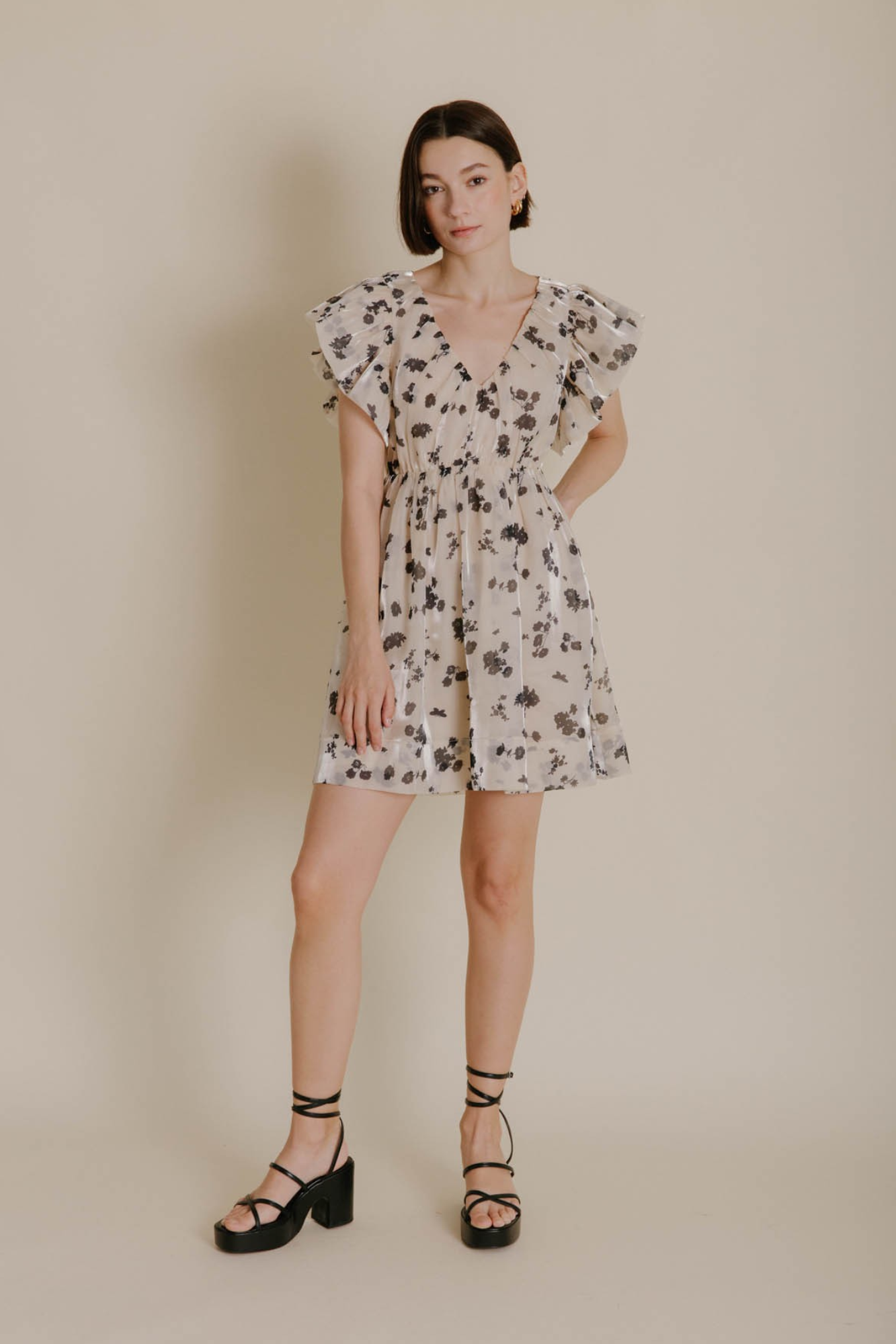 Ivory Organza Mini Dress  With Black Floral Detail